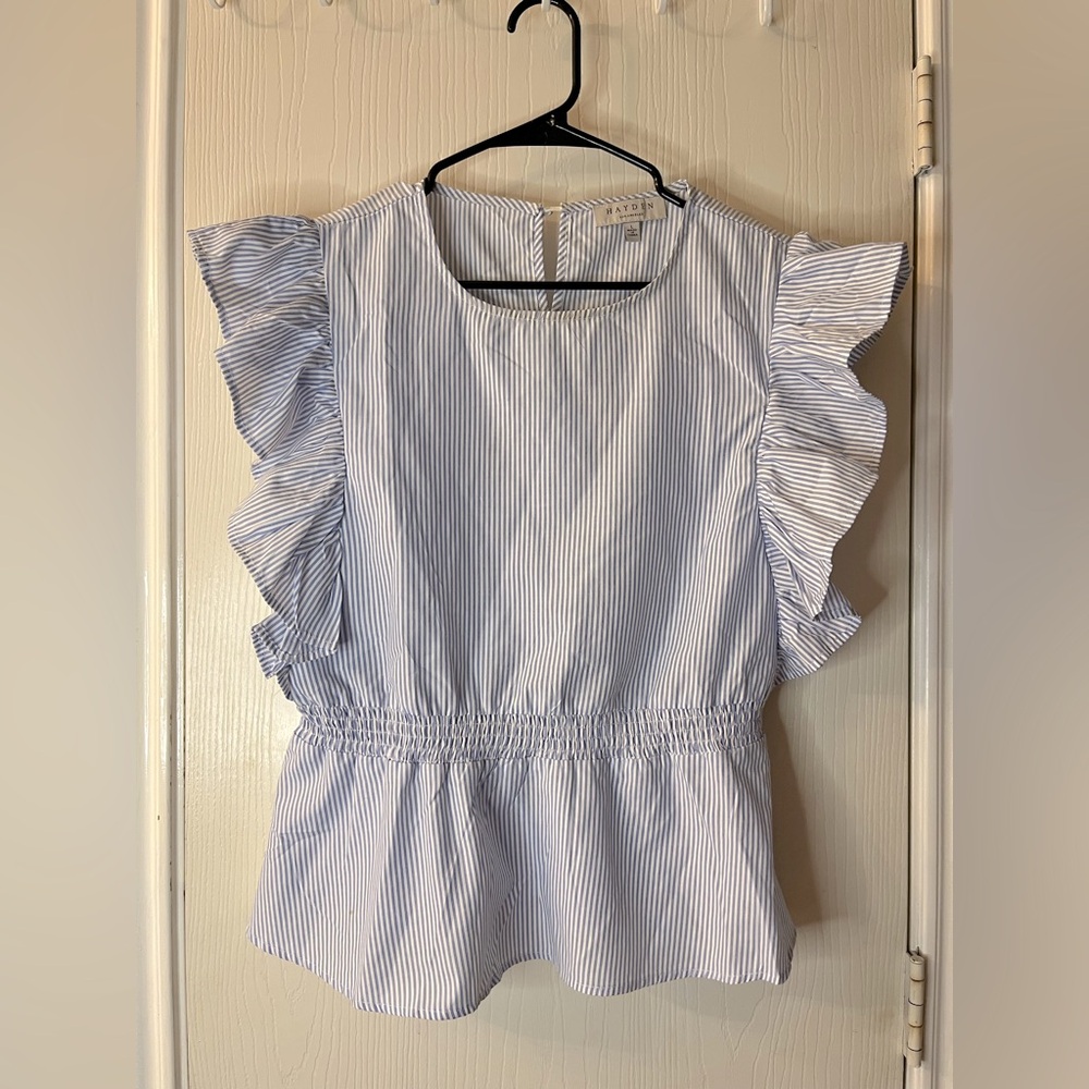 🛍️Hayden Large Blue and White Striped Ruffle Sleeve Top